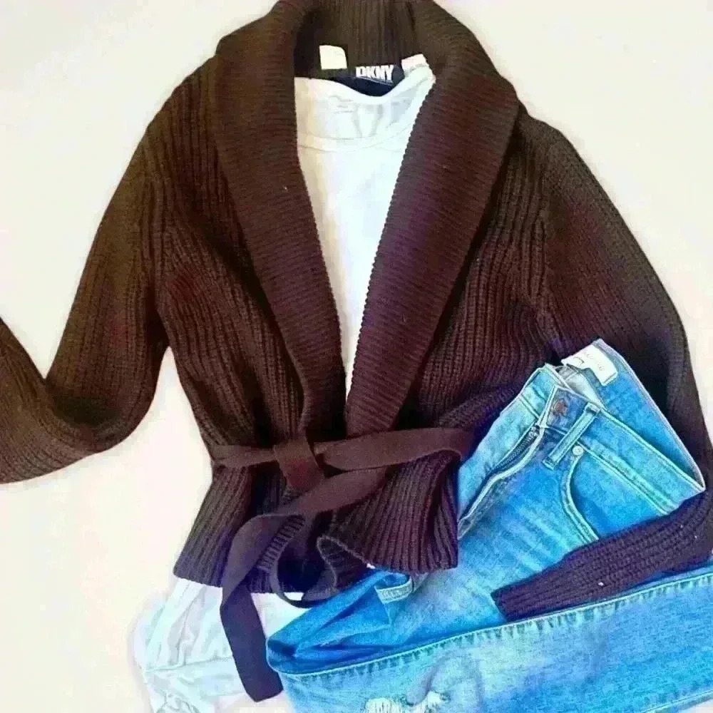 DKNY Tie Waist Cropped Wool Open Sweater